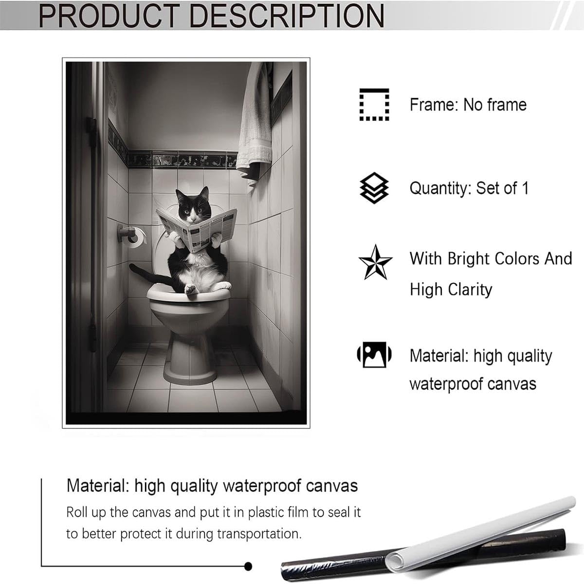 Beshdomp Vintage Cute Cat Reading On Toilet Newspaper Posters Black And White Canvas Wall Art Funny Animals Room Aesthetic Prints Painting For Home Bedroom Dorm Wall Decor 12x16in Unframed