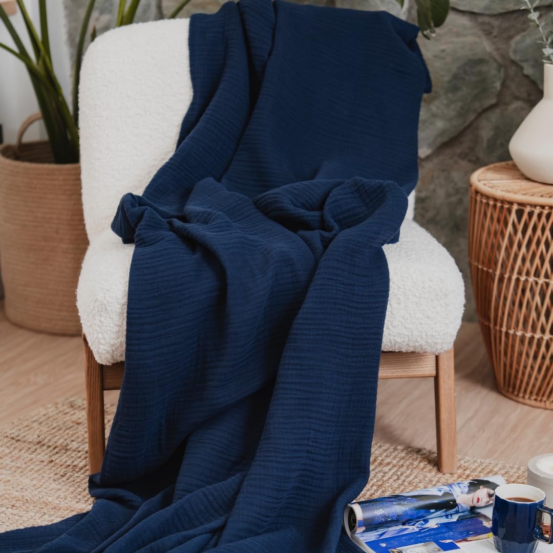 Goqan Throw Blanket 55x60 – 100% Turkish Cotton 4 Layer Boho Muslin Blanket for Adults, Four Season Blanket Lightweight and Thin, Soft, Breathable for Bed, Couch, Picnic - Navy