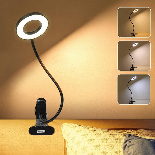 Skymore Desk Clip on Light, [3 Color Modes & 10 Brightness] LED Reading Light with Clamp, Flexible Gooseneck Book Light for Kids Reading Book in Bed, Headboard-Black