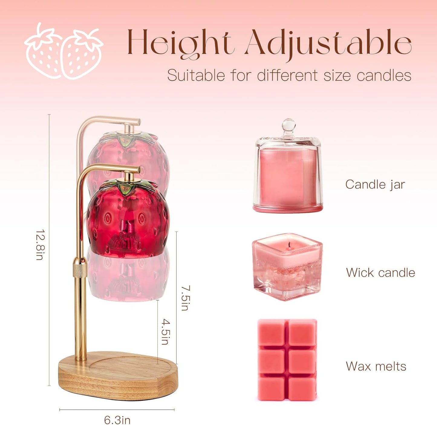 Candle Warmer Lamp with Timer: Strawberry Candle Warming Lamp with 2 Bulbs Dimmable Preppy Room Home Decor for Women Height Adjustable Wax Warmer