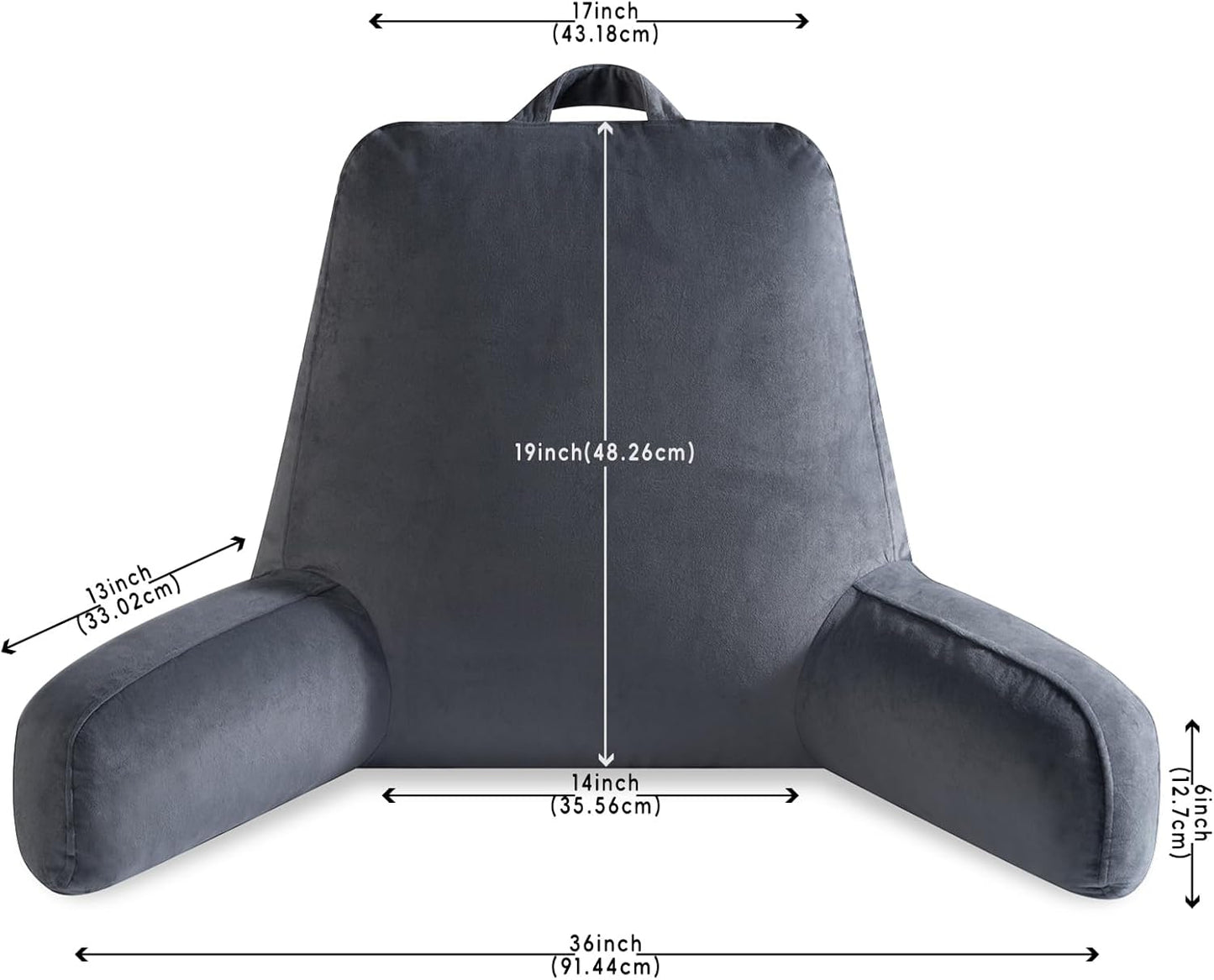 Reading Pillow for Sitting in Bed Adult, 19" Reading Pillow with Shredded Memory Foam, Back Pillow for Sitting Up with Extend Arms, Pockets, Bed Pillow with Washable Cover, Grey