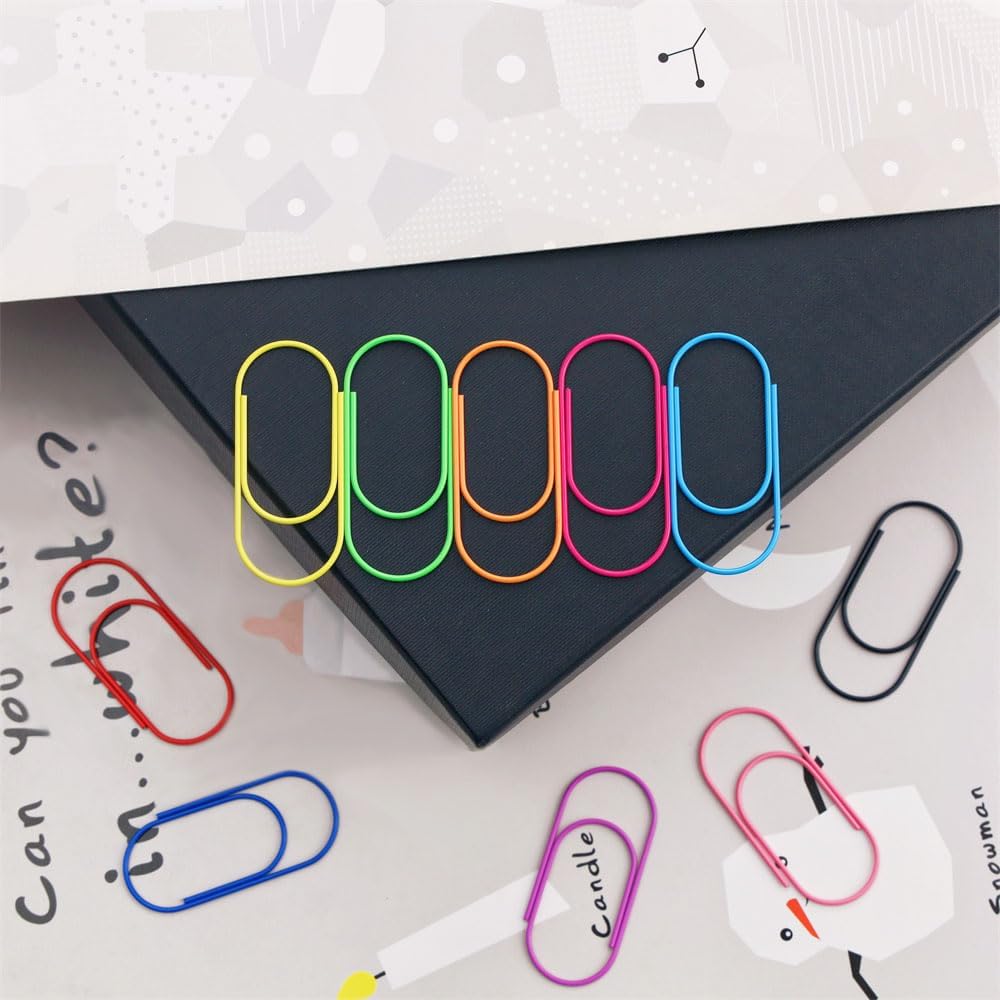 OWLFAVO 100pcs 2 inch Jumbo Paper Clips with Storage Box, 10 Colors, Funny Cute Paperclips Bookmarks Planner Clips for Fun Office Supplies School Gifts Wedding Decoration