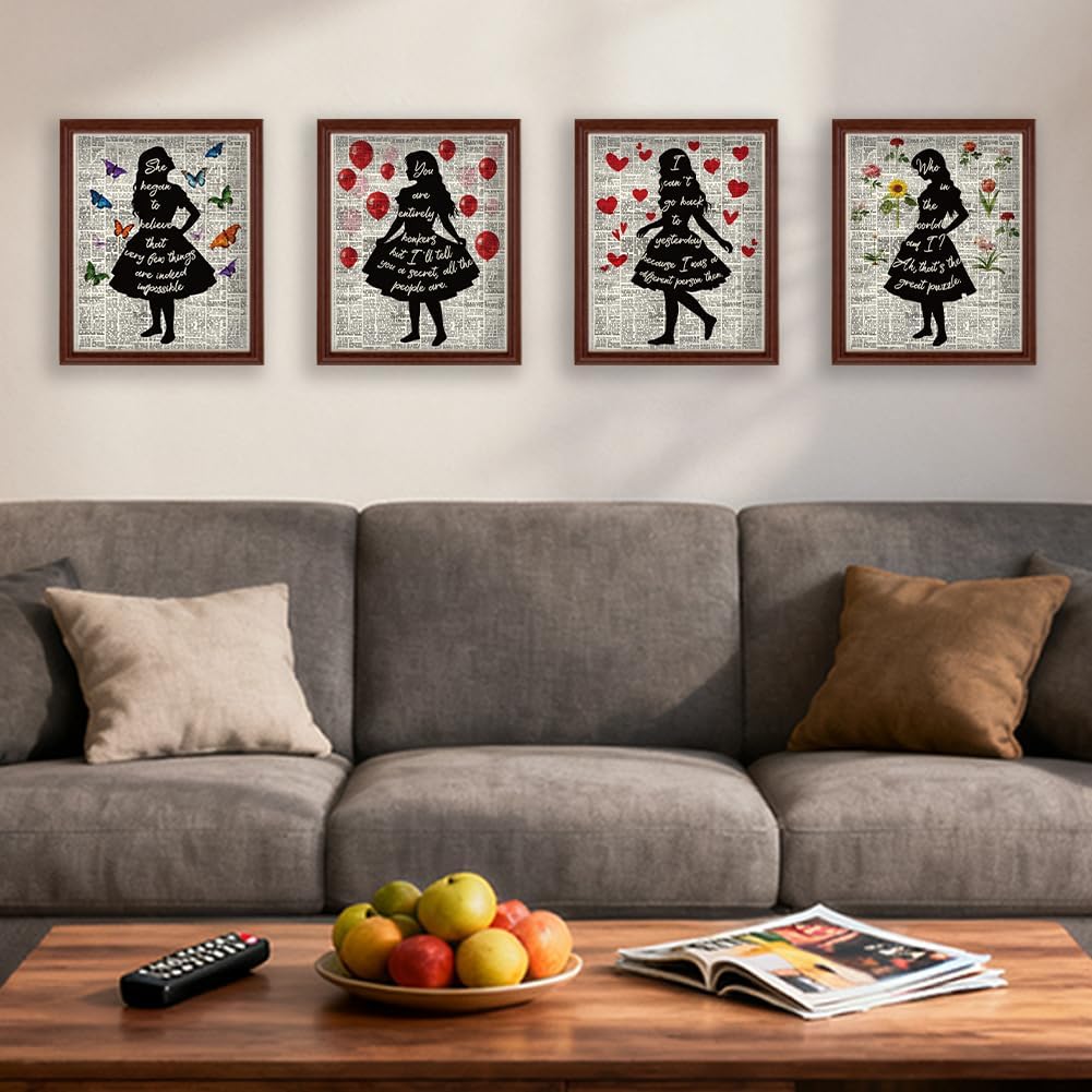 CRAFTYMELODY 4Pcs Alice Wonderland Quote Wall Art Prints Dictionary Wall Decor Poster Artworks Butterfly Flower for Apartment Dorm Decor Living Room Bedroom Home Decoration 11x13.8 Inch Unframed
