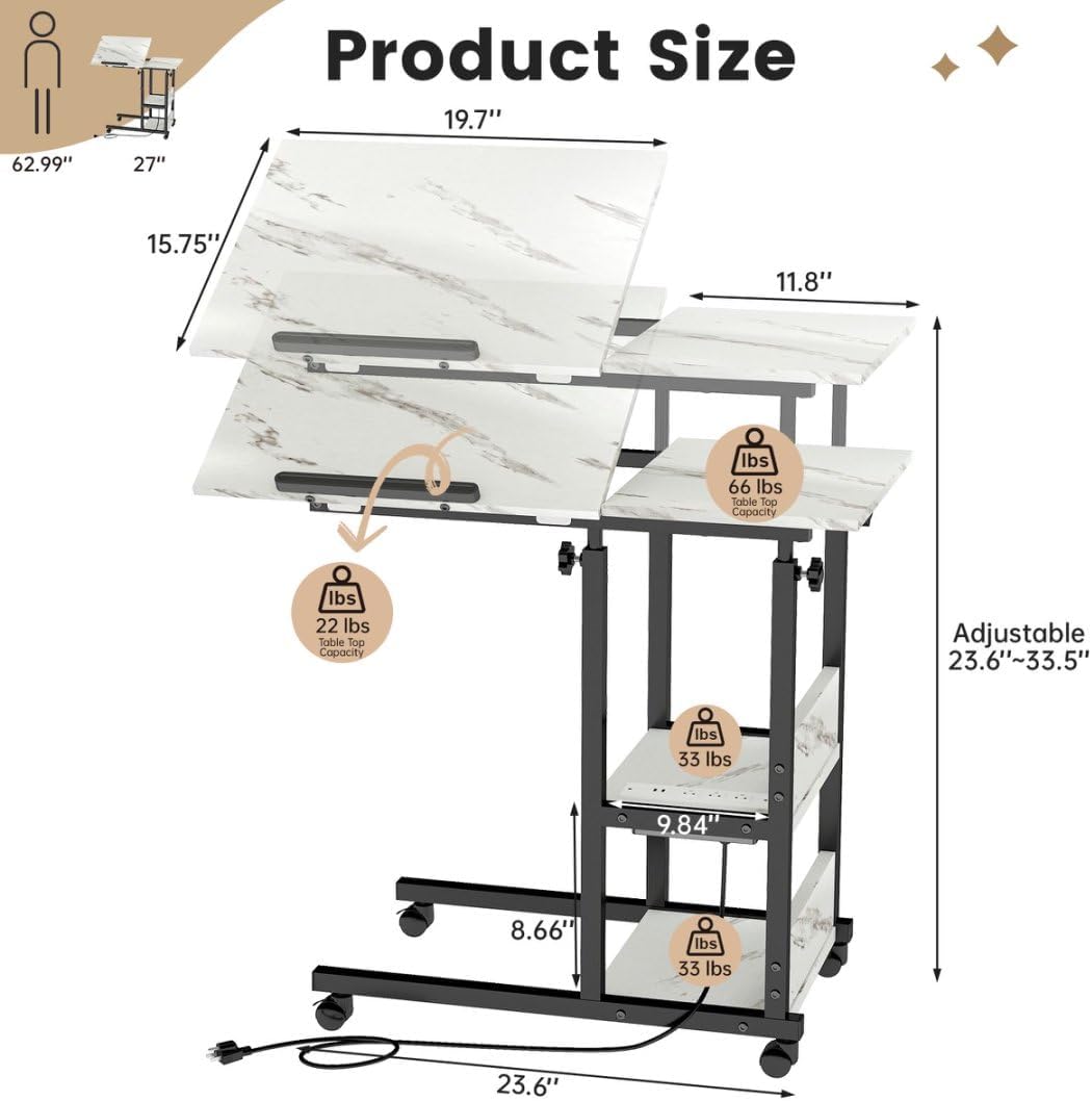 C-Shaped End Table with Charging Station — Tiltable, Height-Adjustable, Wheeled, Over-Bed Laptop & Drawing...
