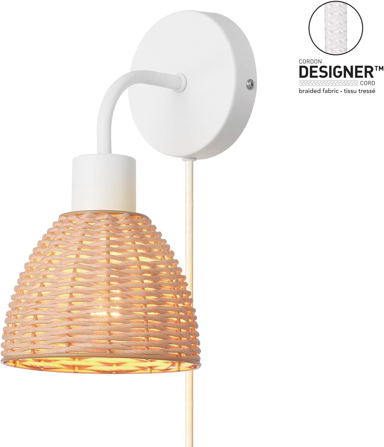 Globe Electric 65928 Briar 1-Light Plug-in or Hardwire Wall Sconce, Matte White, Rattan Shade, 6ft White Braided Fabric Designer Cord, in-Line On/Off Rocker Switch