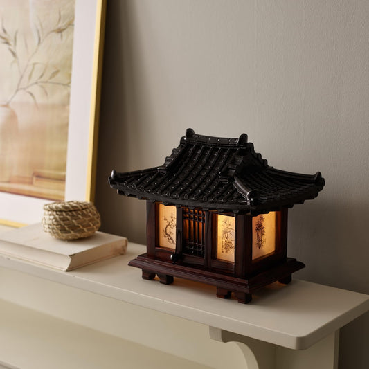 Antique Alive Carved Wood Table Lamp Handmade Traditional Korean Hanok Window Design Vintage Lamp Nightlight Art Home Deco Lantern Brown Asian Oriental Bedside Bedroom Accent Unusual Retro Light