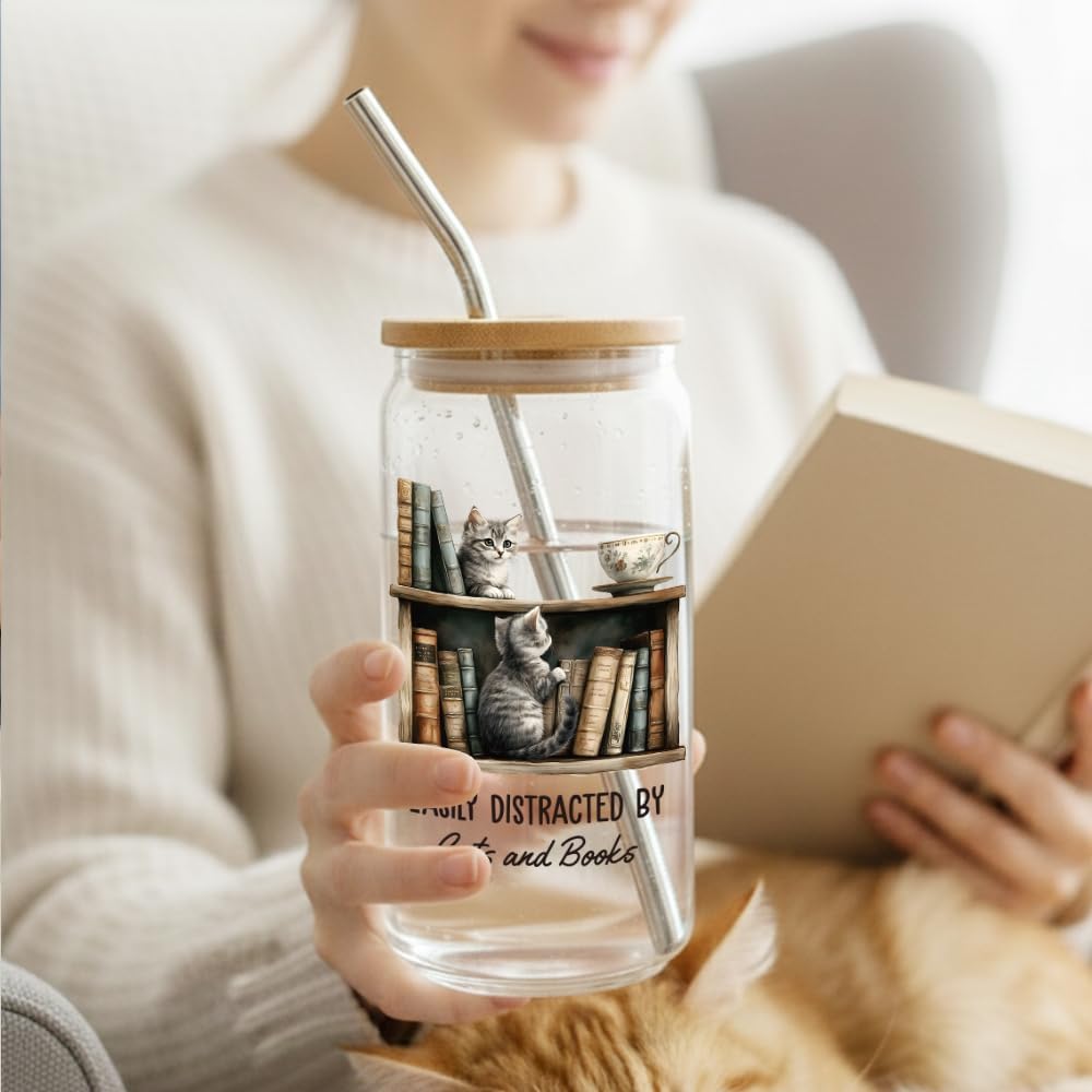 Cute Book Cat Bookish Gifts for Women,Friend,Sister,Reader,Librarian, Book Club GIfts,Best Cats Lover Gift for Cat Lady Mom, Books Mug Gift for Birthday,Christmas,Easily Distracted by Cats Books-126