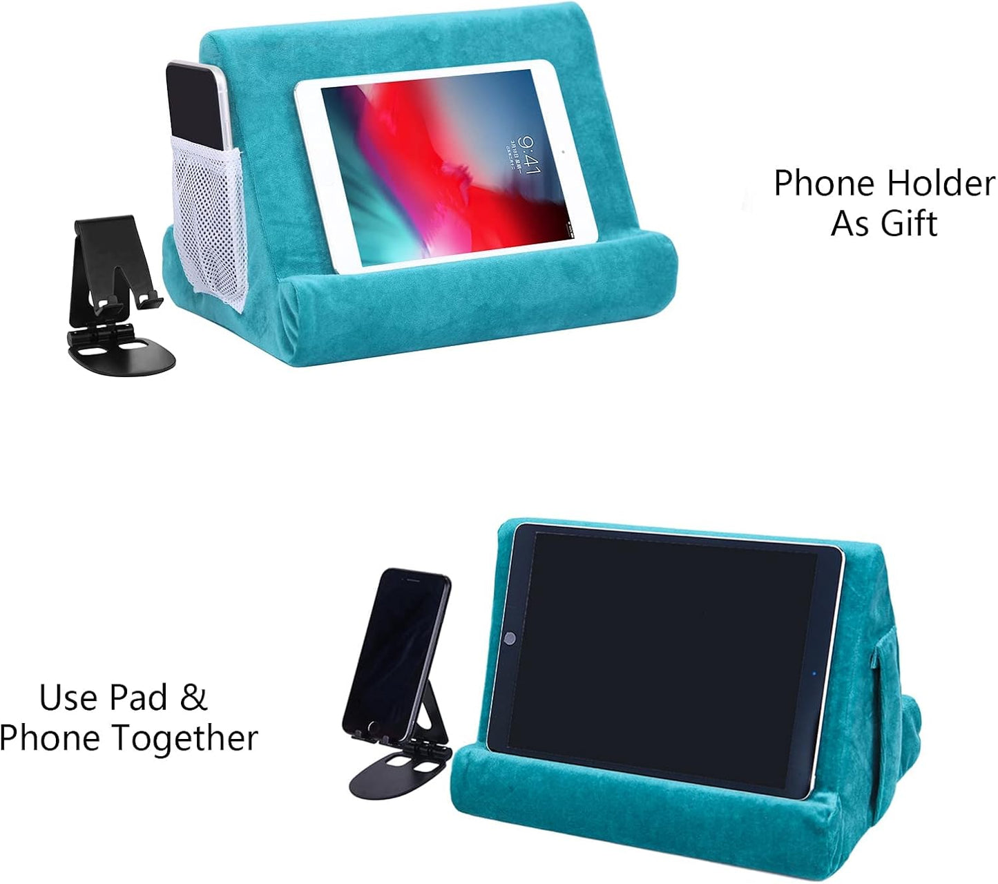 2pcs Multi-Angle Tablet Holder Cushion Stand with Net Pocket & Black Color Phone Stands Upgraded Tablet Pad Support for Phone,Pad,Books ( Lakeblue )