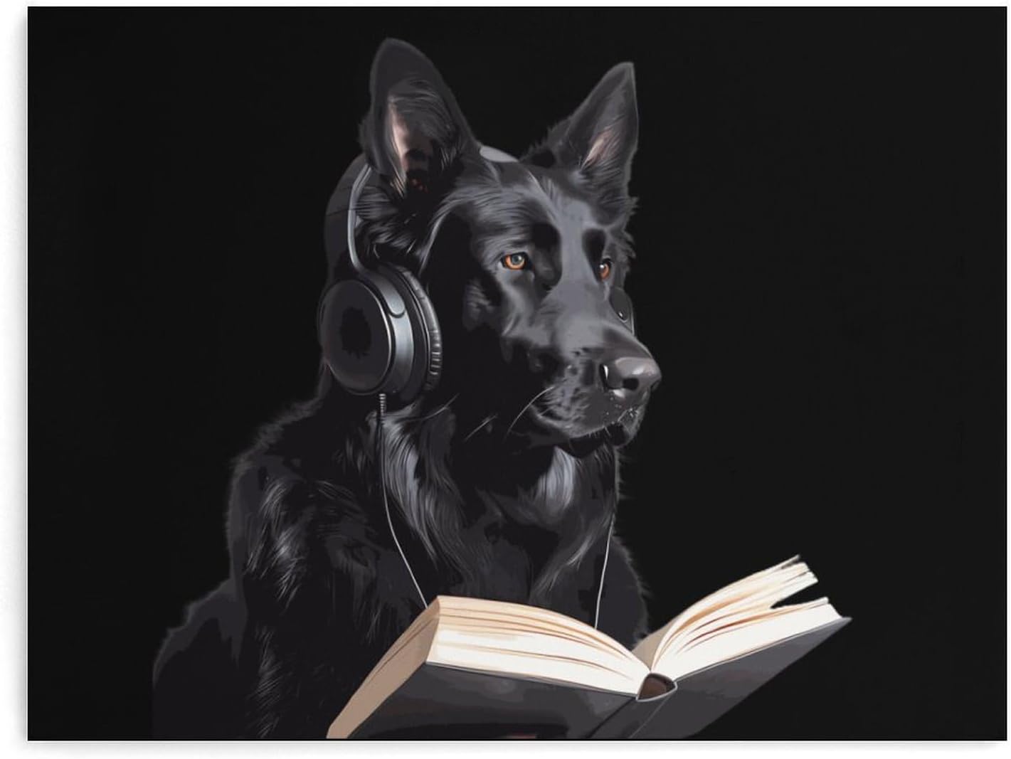 German Shepherd Wearing Headphones Reading Funny Canvas Wall Art Print Artwork Picture Painting for Home Office Decoration 12"x16"