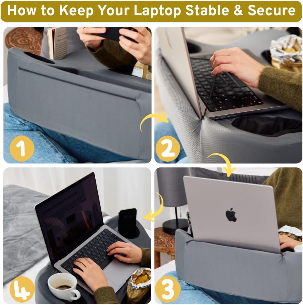 Lap Desk Pillow - Cushioned Lap Pillow for Reading, Gaming, Work & Travel, Soft & Portable Laptop Desk for Bed, Couch, or Car, Ergonomic Support for Laptops & Tablets (Grey)