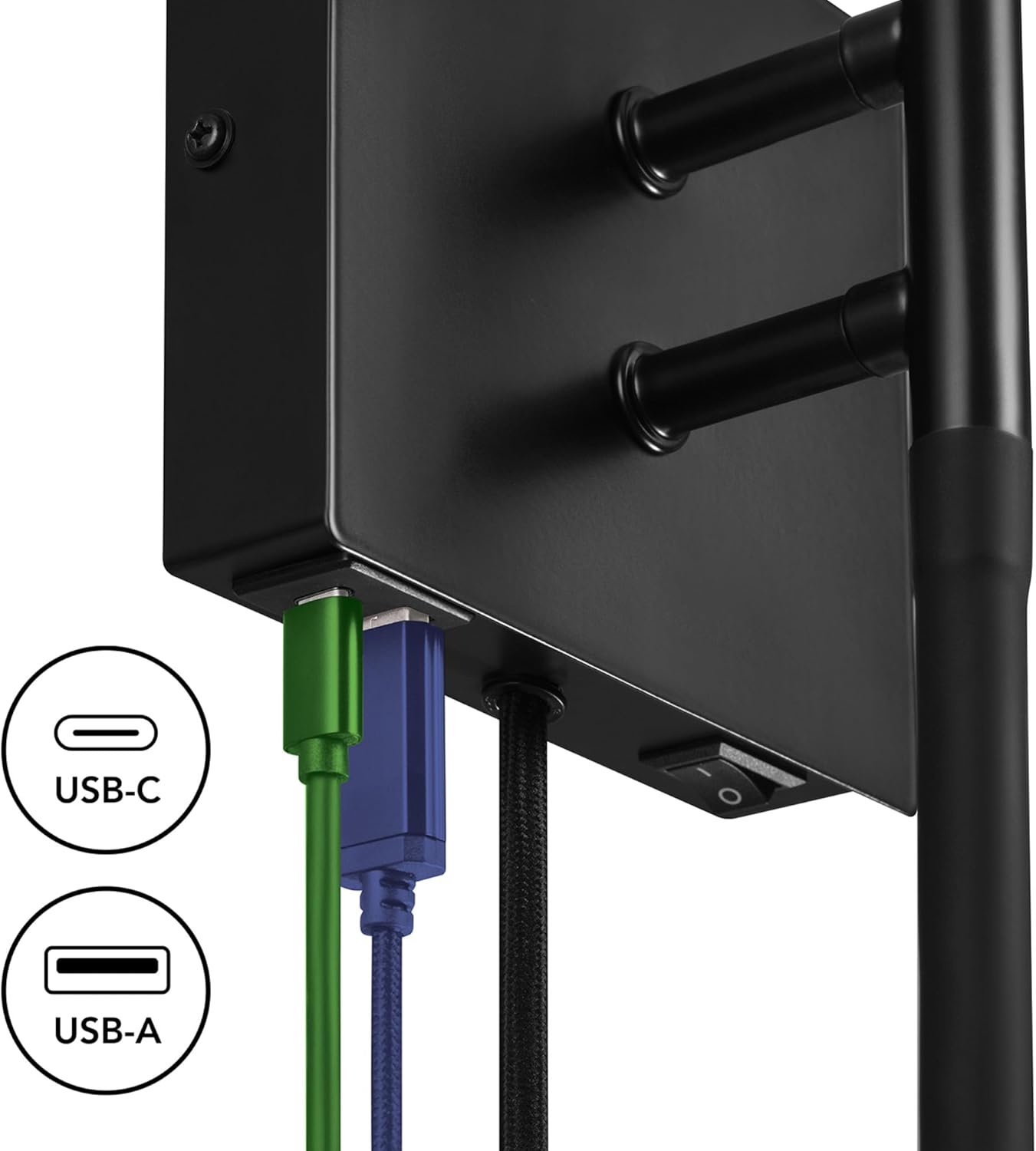 Globe Electric 1-Light Plug-in or Hardwired Wall Sconce with LED Integrated Reading Light, USB-A Port, USB-C Port, Matte Black, White Fabric Shade, On-Off Pull Chain and Rocker Switch