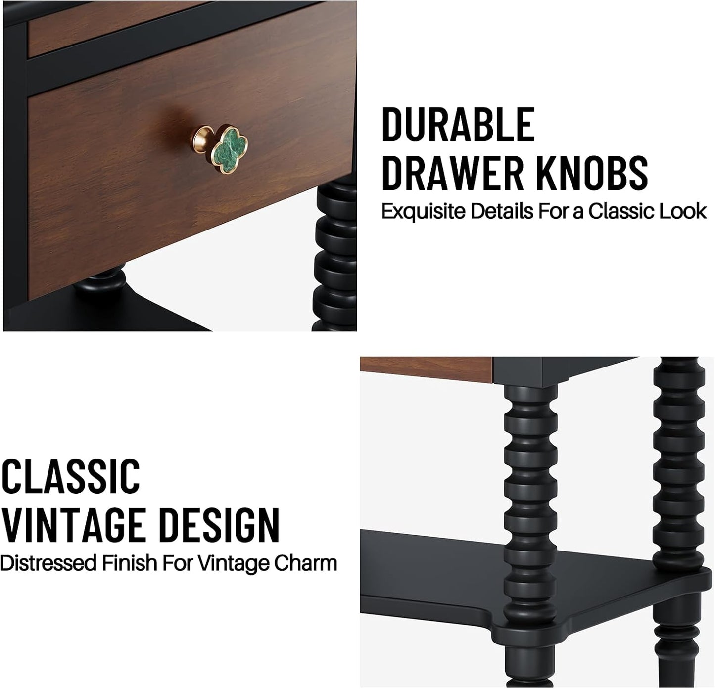 Wooden Mid Century Modern Nightstand Bedside Table with Drawers, Vintage Solid Wood End Side Table for Bedroom Living Room, Black-Walnut