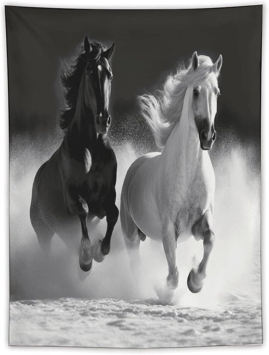 FodPand Black And White Horses Running Tapestry Anti-fading Wall Tapestry with Installation Kit Backdrop Banner Multipurpose Aesthetic Tapestries Boho Wall Art Hanging Decorative Blanket 60"x80"