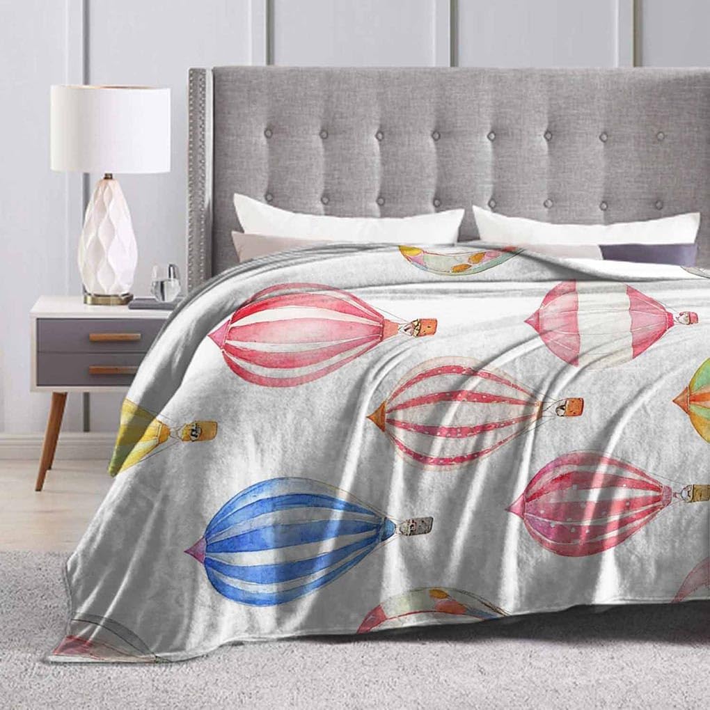 Mugod Balloon Throw Blanket Cute Watercolor Hot Air Balloons Pattern Decorative Soft Warm Cozy Flannel Plush Throws Blankets for Bedding Sofa Couch 50 X 60 Inch