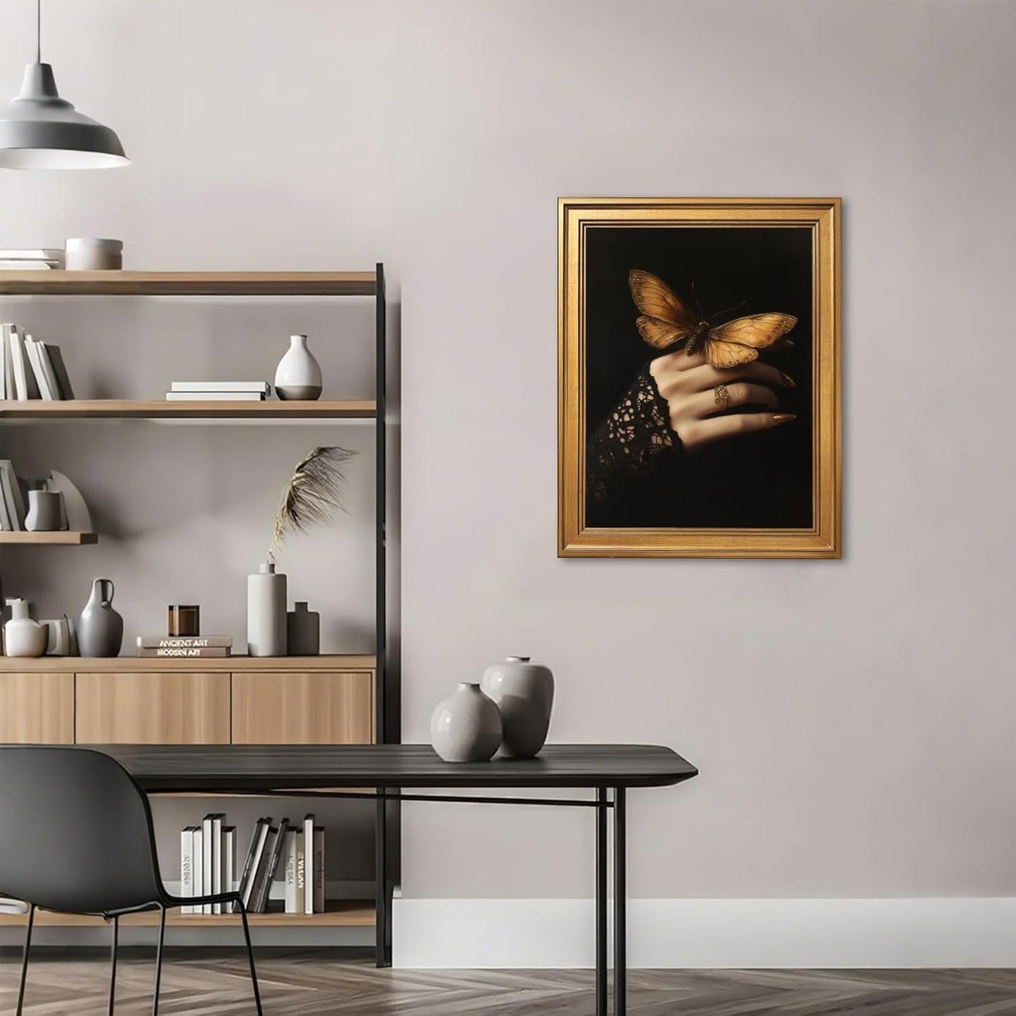 Large Framed Victorian Dark Romantic Canvas Wall Art Butterfly in Lace Hand Surreal Gothic Painting Poster Vintage Moody Elegant Darkness Lady Artwork Print for Bedroom Home Decor 24x36inch
