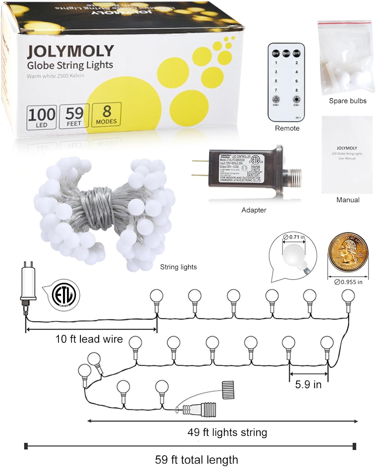 Globe String Lights, 59 Ft 100 LED Christmas Lights with Remote Timer, Connectable Plug in Twinkle Lights for Bedroom Wedding Classroom Indoor Outdoor Decor, Warm White