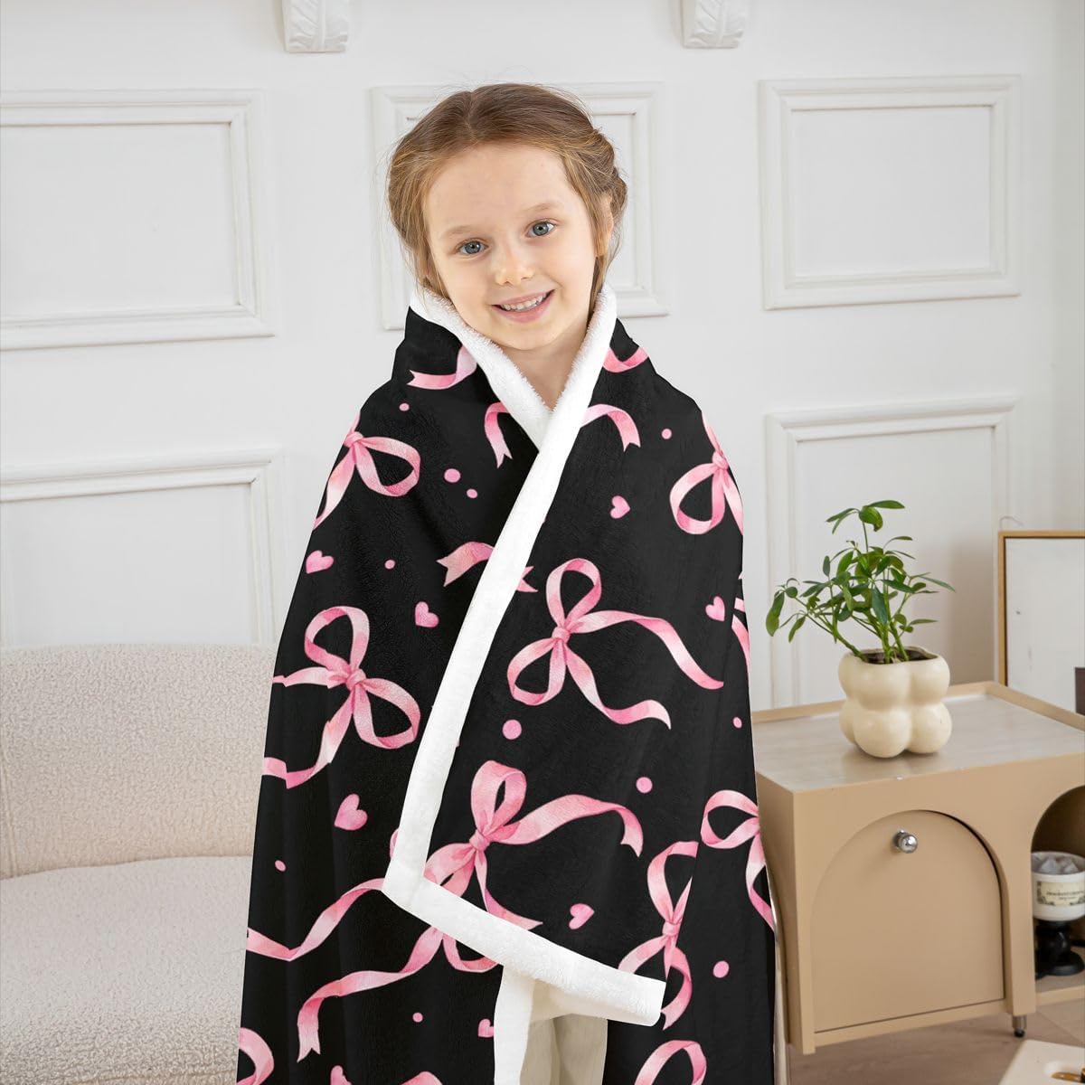 Feelyou Black Pink Bow Sherpa Throw Blanket for Couch Cute Bowknot Super Soft Cozy Fleece Kawaii Blanket for Winter, Plush Throw Heart Pattern Baby 30"x40" All Season