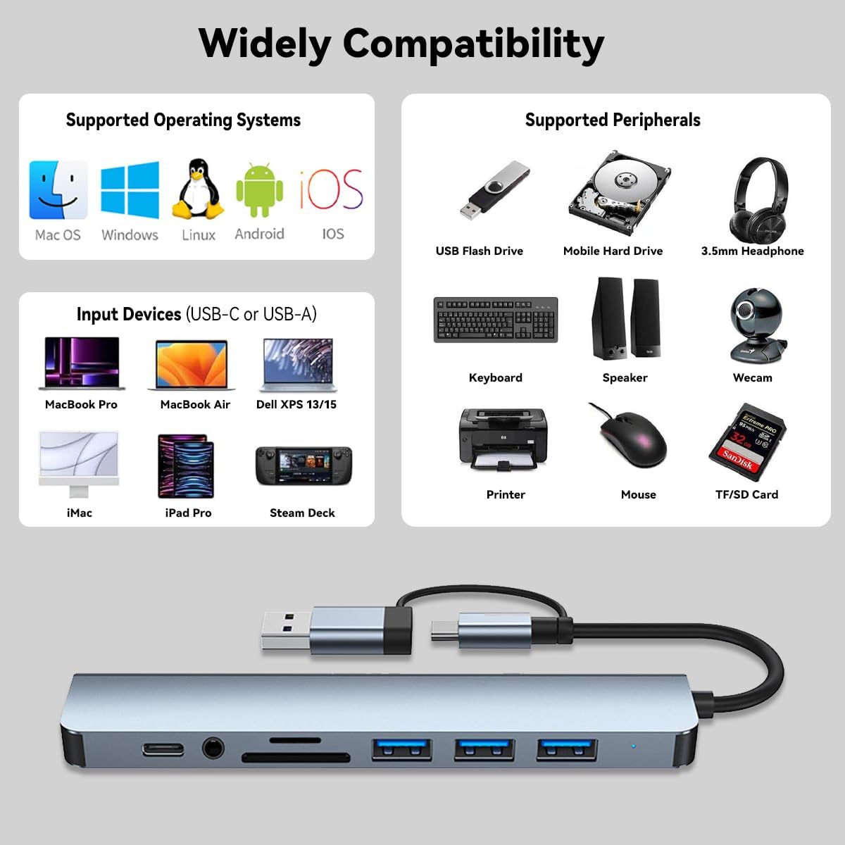 USB Hub 3.0 USB C Hub with SD Card Reader Audio Jack 8 in 1 USB Extender Splitter Multiport Dongle Adapter for MacBook Pro Air and More PC/Laptop/Tablet Devices