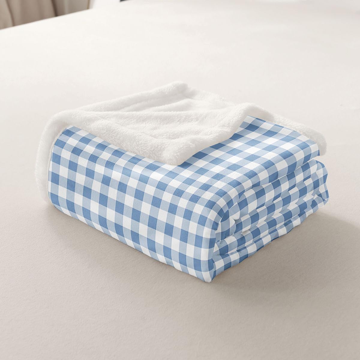 Feelyou White Blue Gingham Sherpa Throw Blanket for Couch Modern Style Plaid Super Soft Cozy Fleece Grid Checkered Blanket for Winter, Plush Throw Throw 50"x60" All Season