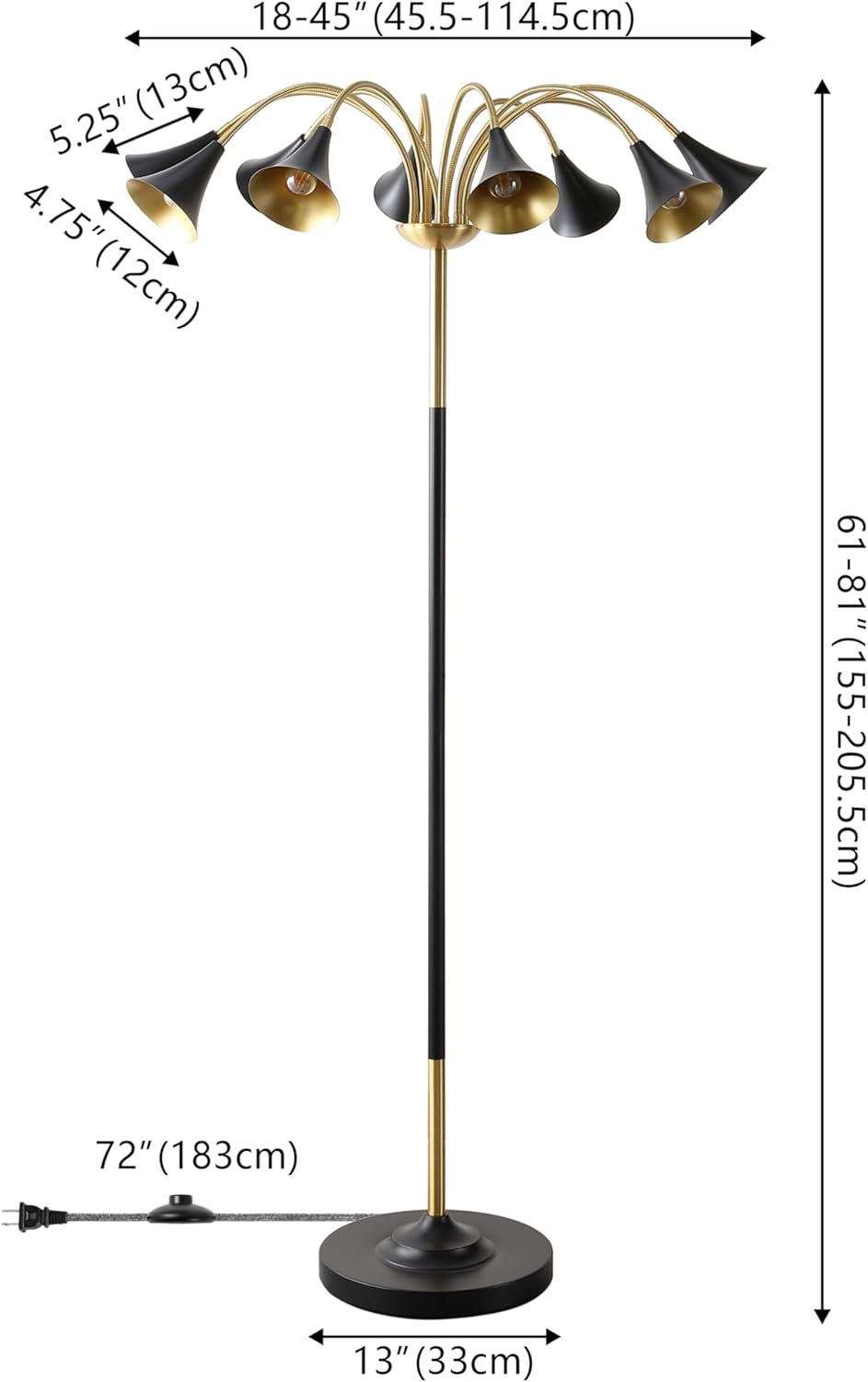 JONATHAN Y 61" Brass Gold/Black 10-Light Mid-Century Modern Floor Lamp, Medusa Multi Head Standing Lamp with Metal Shades for Living Room, Foot Switch, 10 LED Bulbs (JYL3096B)