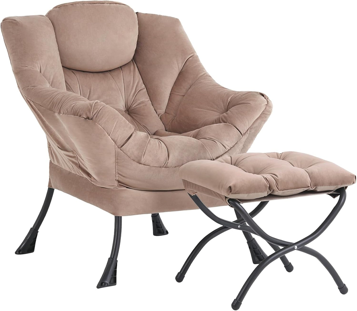 Lazy Chair with Ottoman, Modern Accent Chair Contemporary Sofa Chair with Armrests, Reading Chair and Folding Footstool Set for Living Room, Bedroom, Office, Khaki