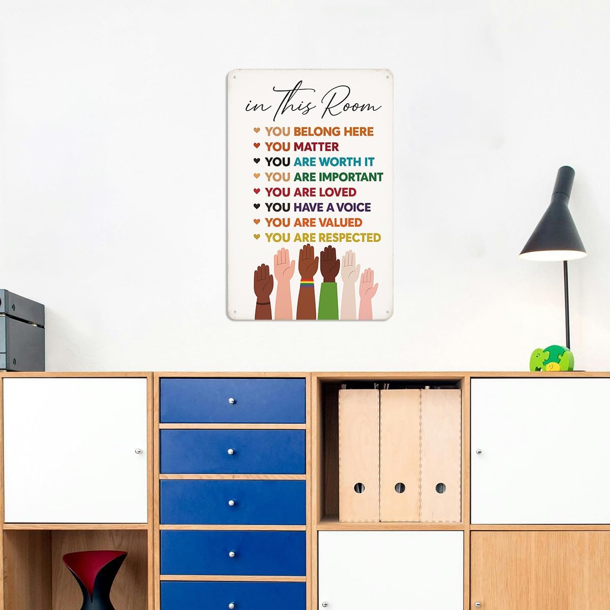 In This Room Metal Tin Sign – Classroom and Office Wall Decor with Inclusive Inspirational Quotes – Motivational Poster for Kids, Teachers, and Home – 8x12 Inch Vintage Style Sign