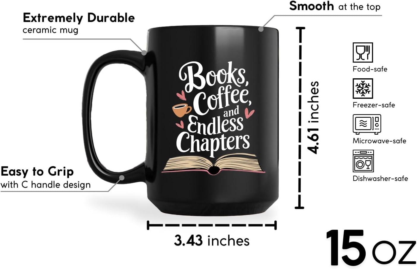 Book Lovers Coffee Mug 15oz Black -Endless Chapters - Gift for Book Club Bookworm Bookish Reading Nerdy Avid Readers Women