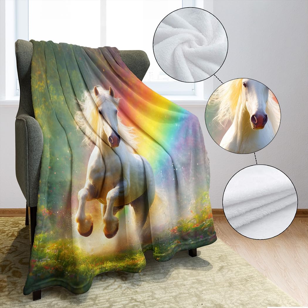 Soft Cozy Fleece Throw Blanket for Couch,Premium Fluffy Microfiber,Dreamy Grassland Rainbow White Horse Animal,50X60 Inches