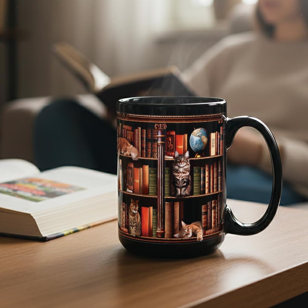 Cat Book Mug Gifts for Book Lovers, Book Lover Bookish Gifts for Readers Bookworm Women 15oz, Library Bookshelf Mug, Bookish Gifts for Librarian, Birthday Gift Idea for Cat Lovers