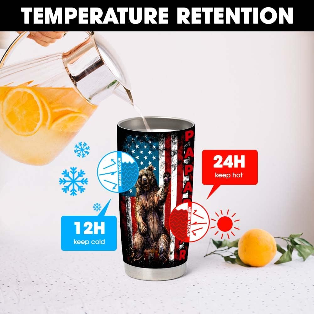 Papa Bear American Flag 20oz Stainless Steel Tumbler – Being a Dad Is an Honor Being a Papa Is Priceless, Insulated Coffee Travel Mug, Gift for Papa Dad Men