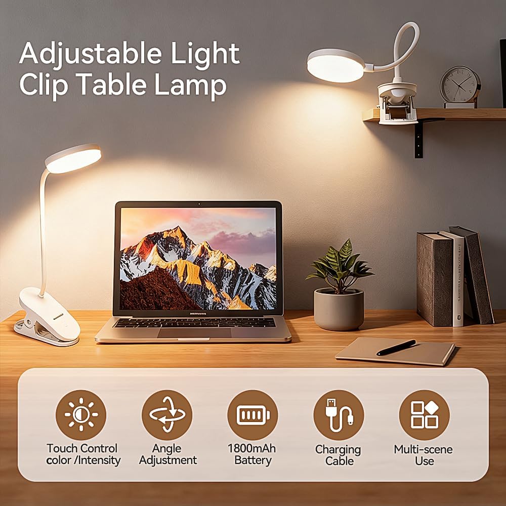 Clip On Clamp Light for Bed Headboard,Rechargeable Desk Lamp,3 Colors (White/Warm White/Warm),Dimmable 360° Gooseneck,20 LED,Eye-Caring Light for Study & WorkCollege Dorm Essentials for Girls & Guys