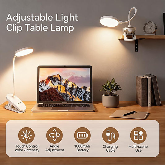 Clip On Clamp Light for Bed Headboard,Rechargeable Desk Lamp,3 Colors (White/Warm White/Warm),Dimmable 360° Gooseneck,20 LED,Eye-Caring Light for Study & WorkCollege Dorm Essentials for Girls & Guys