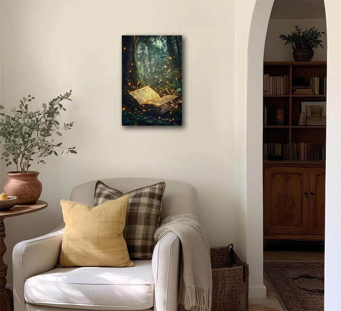 Fantasy Book Forest Canvas Print,Book Lovers Day picture,Dark Academia Magical Books Wall Art,Retro Library Books Club Party Decorations Gifts,Aesthetic Poster for Bedroom Living Room,16"x24" Unframed