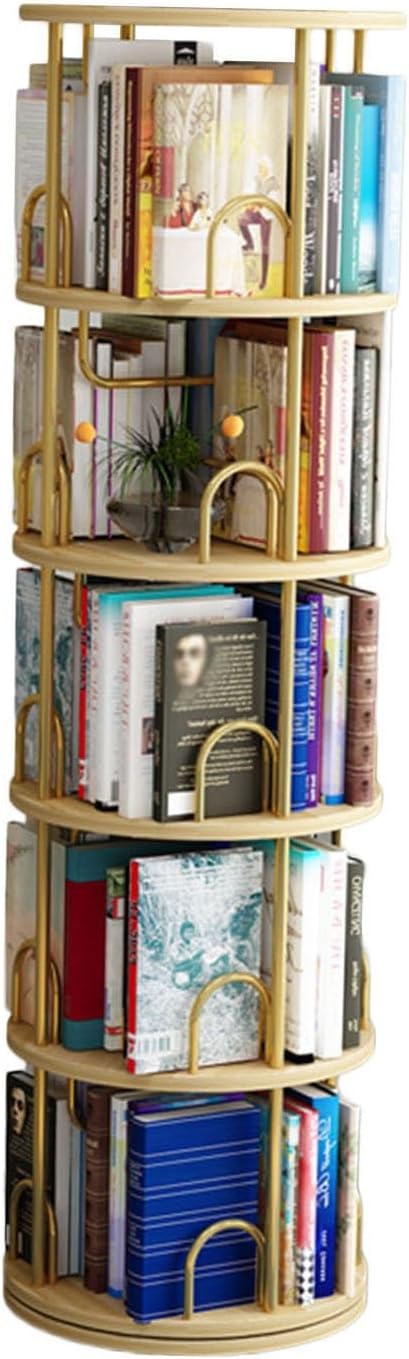 360° Rotating Bookshelf, 5-Tier Bookcase & CD Storage Rack, Stylish Organizer for Home, Library, Office, Living Room, Bedroom, Gold Finish
