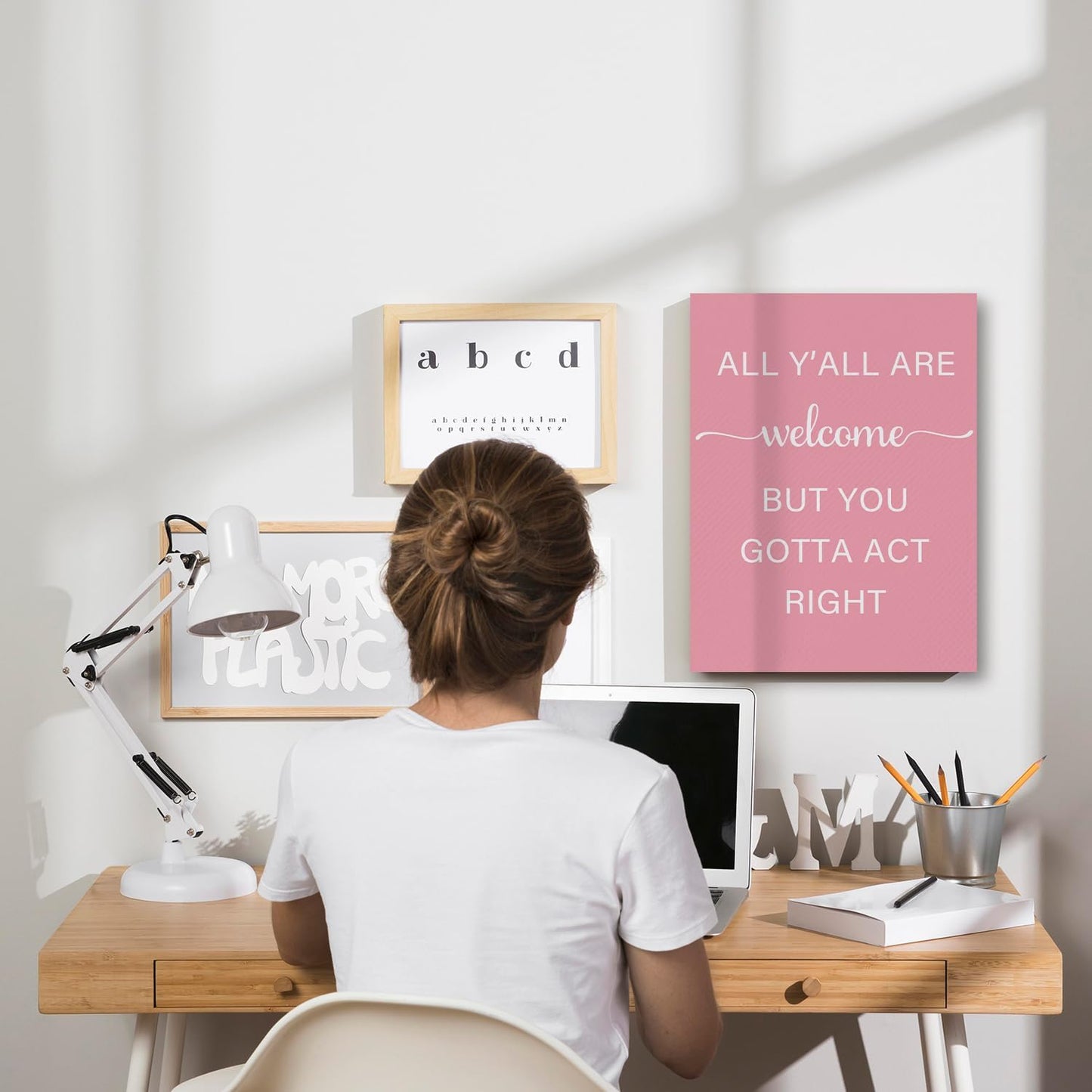 JINYO Pink Western Cowgirl Canvas Wall Art Framed, Western Cowgirls Room Bedroom Decor, All Y'all Are Welcome But You Gotta Act Right Positive Poster Prints Wall Decor, 11x14 Inch