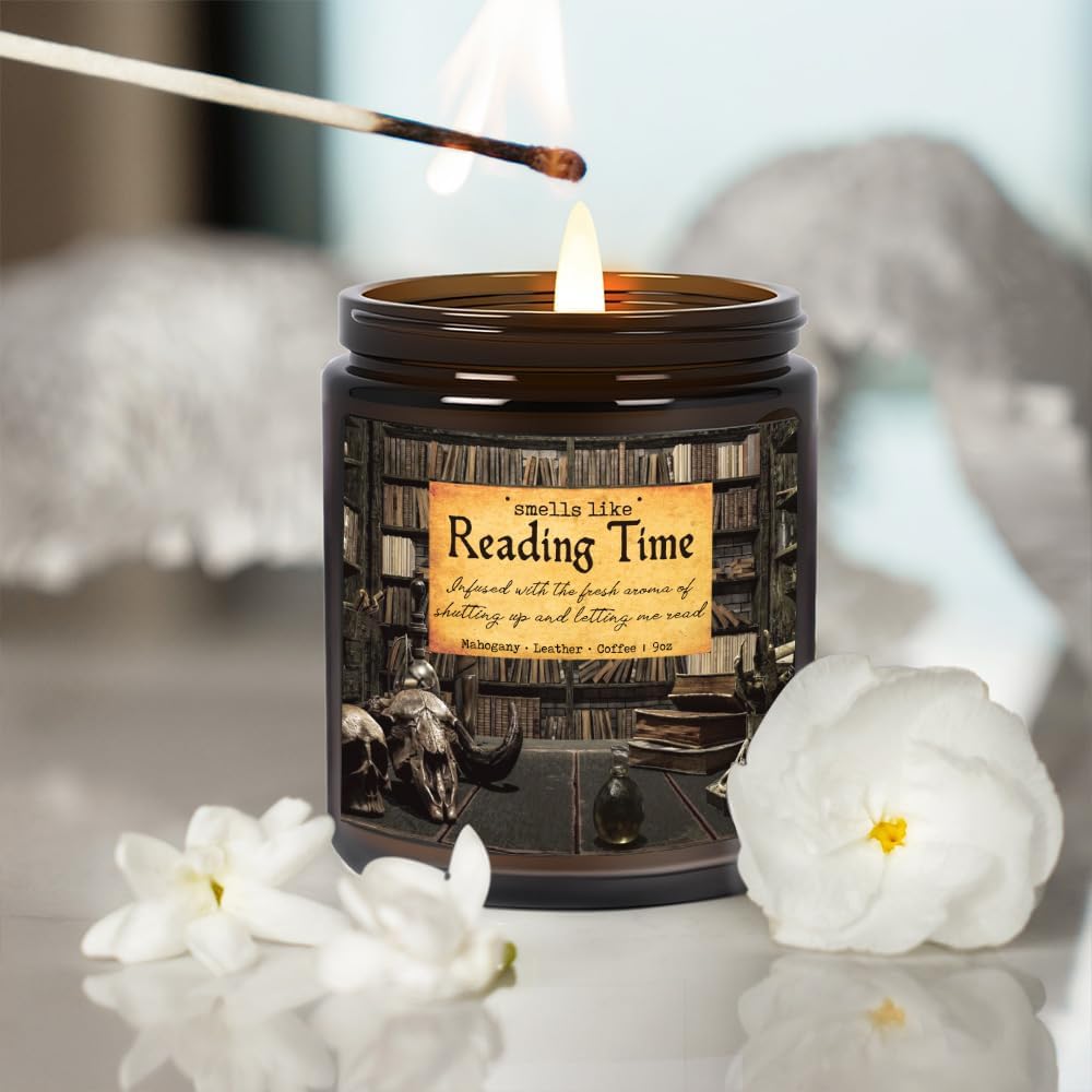 Reading Candle, Book Lovers Gifts, Readers, Bookish Present, Funny Birthday Gifts for Book Lovers Women, Bookworm, Librarian, Men, Friend, Mahogany Leather Coffee Scent Candle 9OZ