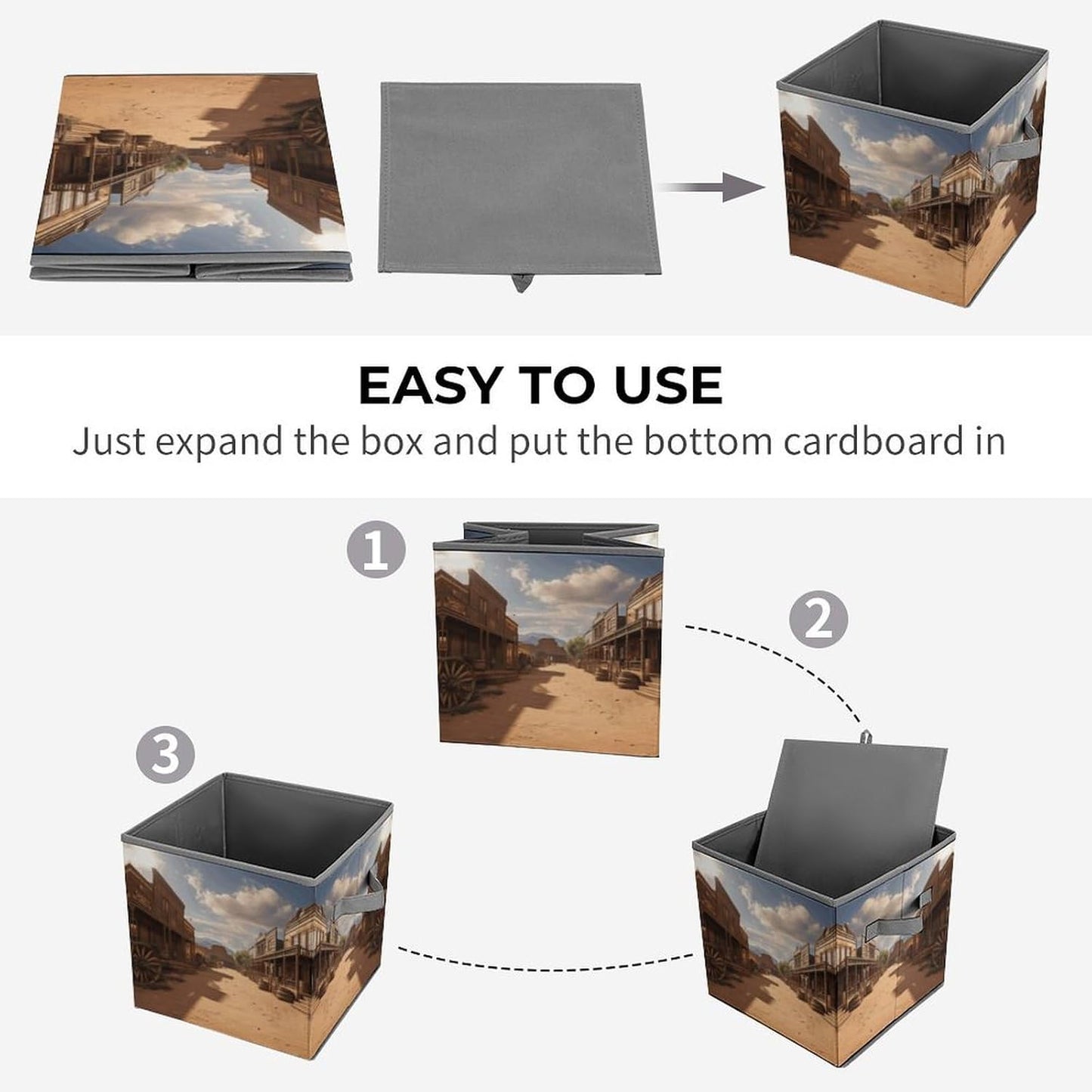 Old Wild West Cowboy Town Storage Bins with Handles Fashion Large Storage Cubes Sturdy Foldable Storage Boxes Space-Saving Storage Baskets for Home Office Clothes Closet Organizers
