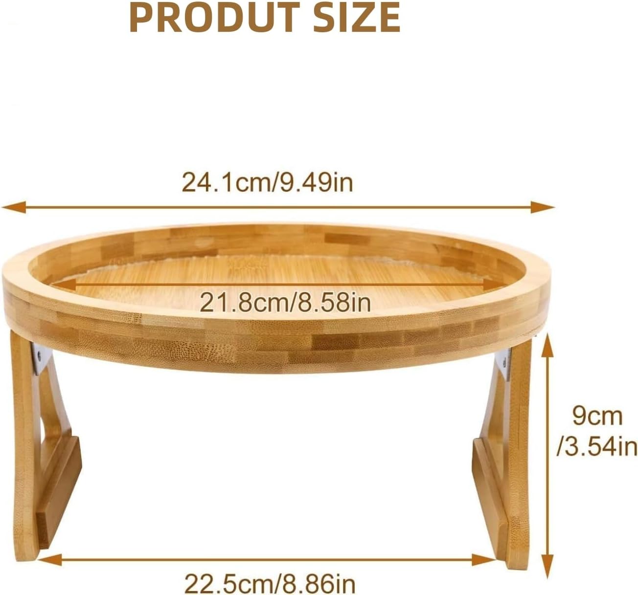 대나무 소파 암 트레이, 접이식 소파 팔걸이 클립온 트레이, 10.2cm-22.9cm(4~9인치) 팔걸이에 적합, 간식/음료/과일/디저트/Rmote용 원형 소파 암 테이블 (24.1x22.5x9cm(9.5x9.8x3.5인치))