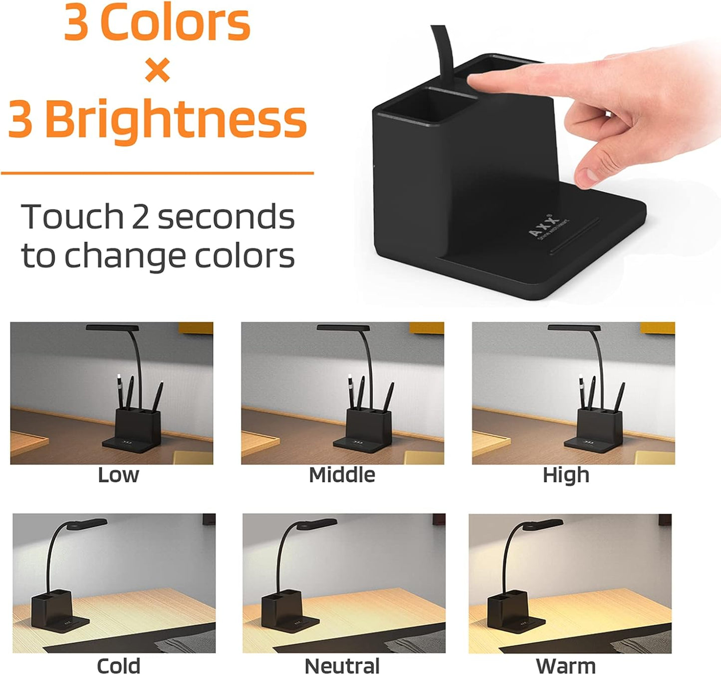 AXX Black LED Desk Lamp for Home Office Bedroom, Battery Operated Table Light for Computer Desktop, Small, Cute, Dimmable, Rechargeable, Flexible Gooseneck, Pen Holder, Phone Mount, Touch Control