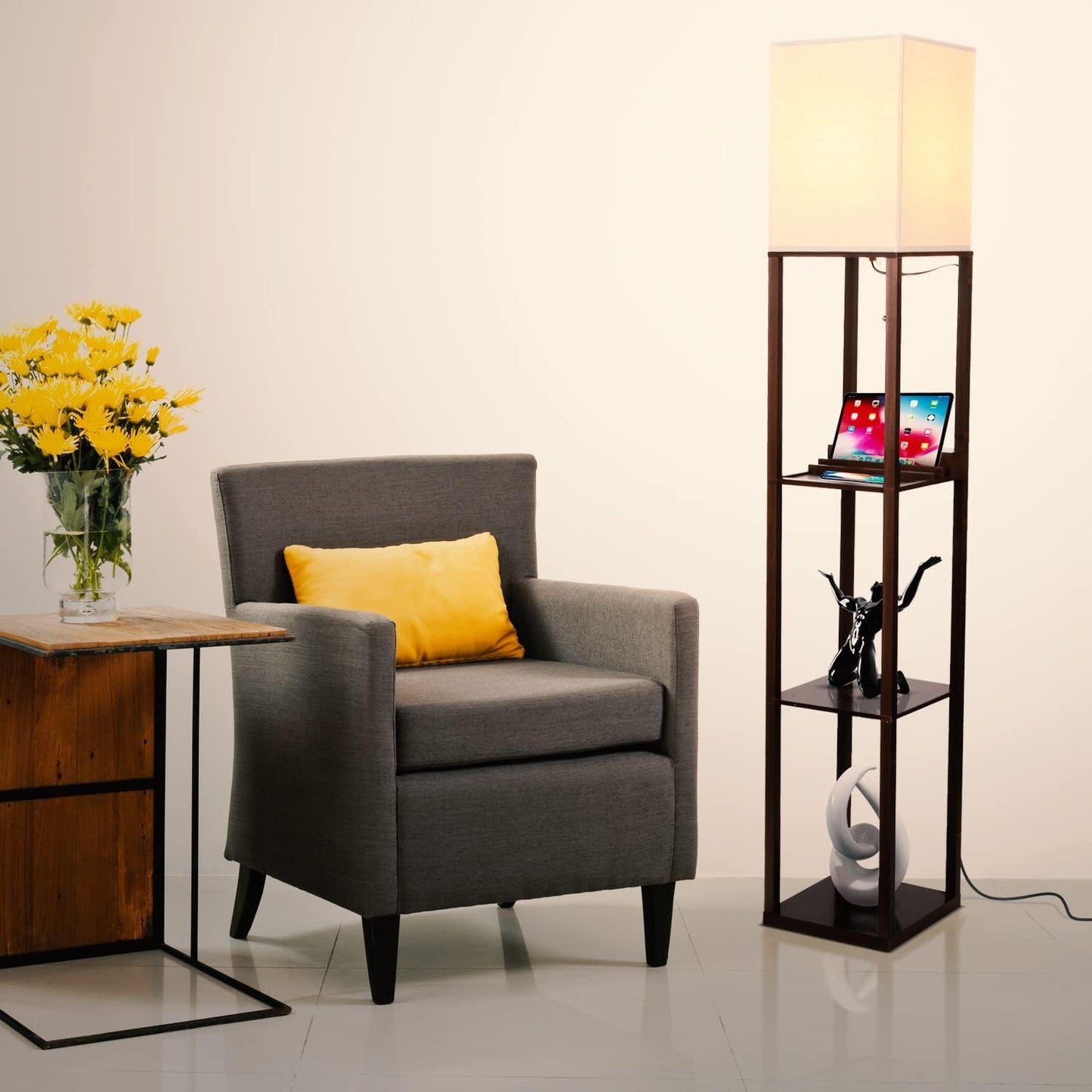 Brightech Maxwell Charger - Modern Shelf Floor Lamp with USB Charging Ports & Electric Outlet - Corner Display Floor Lamps with Shelves for Living Room, Bedroom and Office - Havana Brown