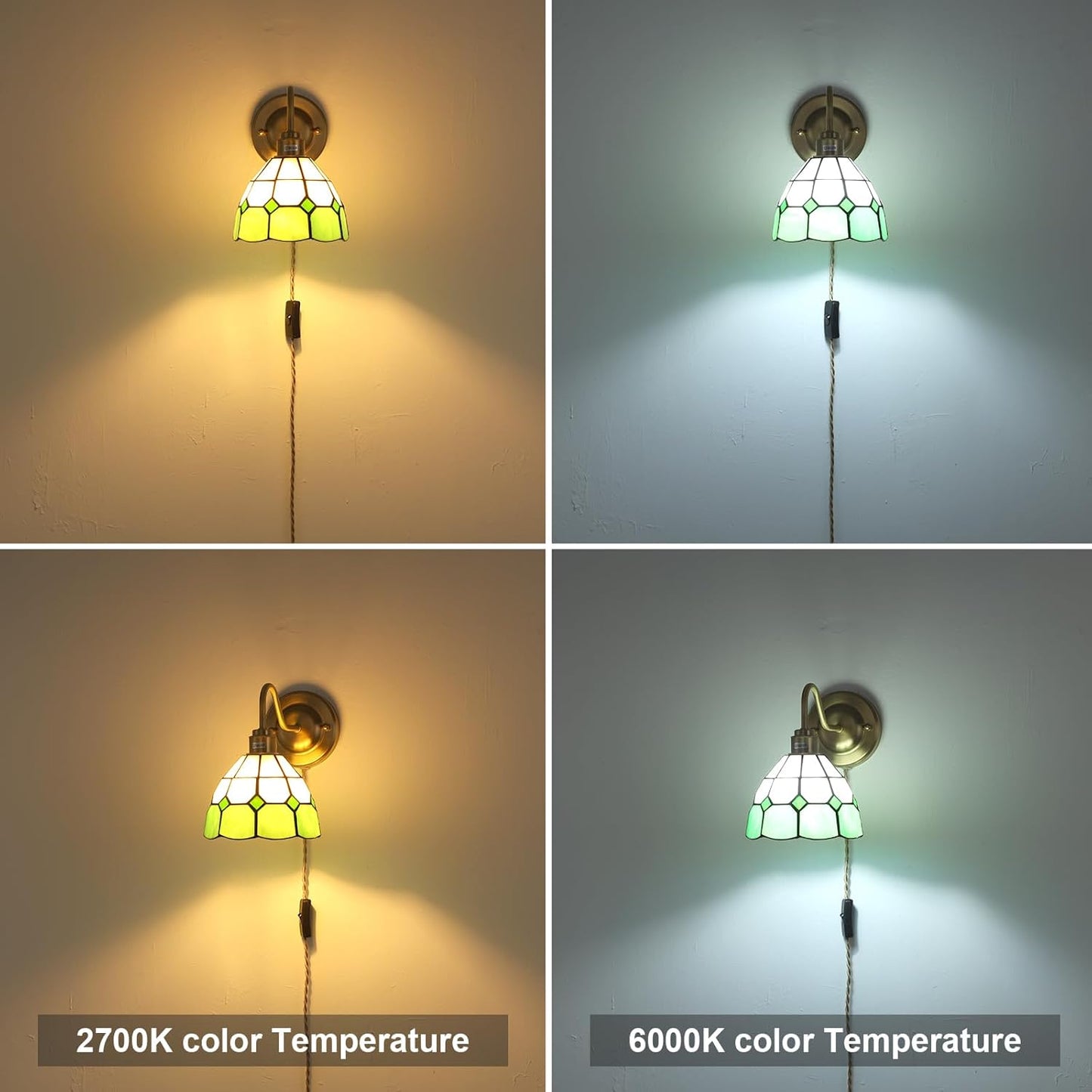 Vintage Wall Sconce, Wall Lamps with Green White Checker Sconce, Stained Glass Shade Brass Wall Lights Fixture with Plug in Cord and Switch for Bedroom Bathroom Living Room Hallway