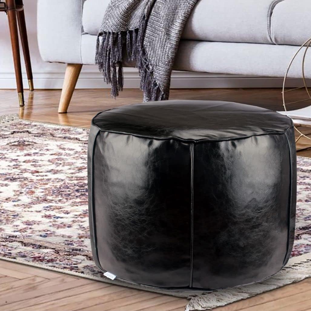 Handmade Unstuffed Faux Leather Pouf Ottoman - Storage Solution and Floor Seat - 14"x20" Round Stool - Perfect as a Futon Chair, footrest Ottoman, cushionl Ottoman, or Leather Foot Stool(Black)