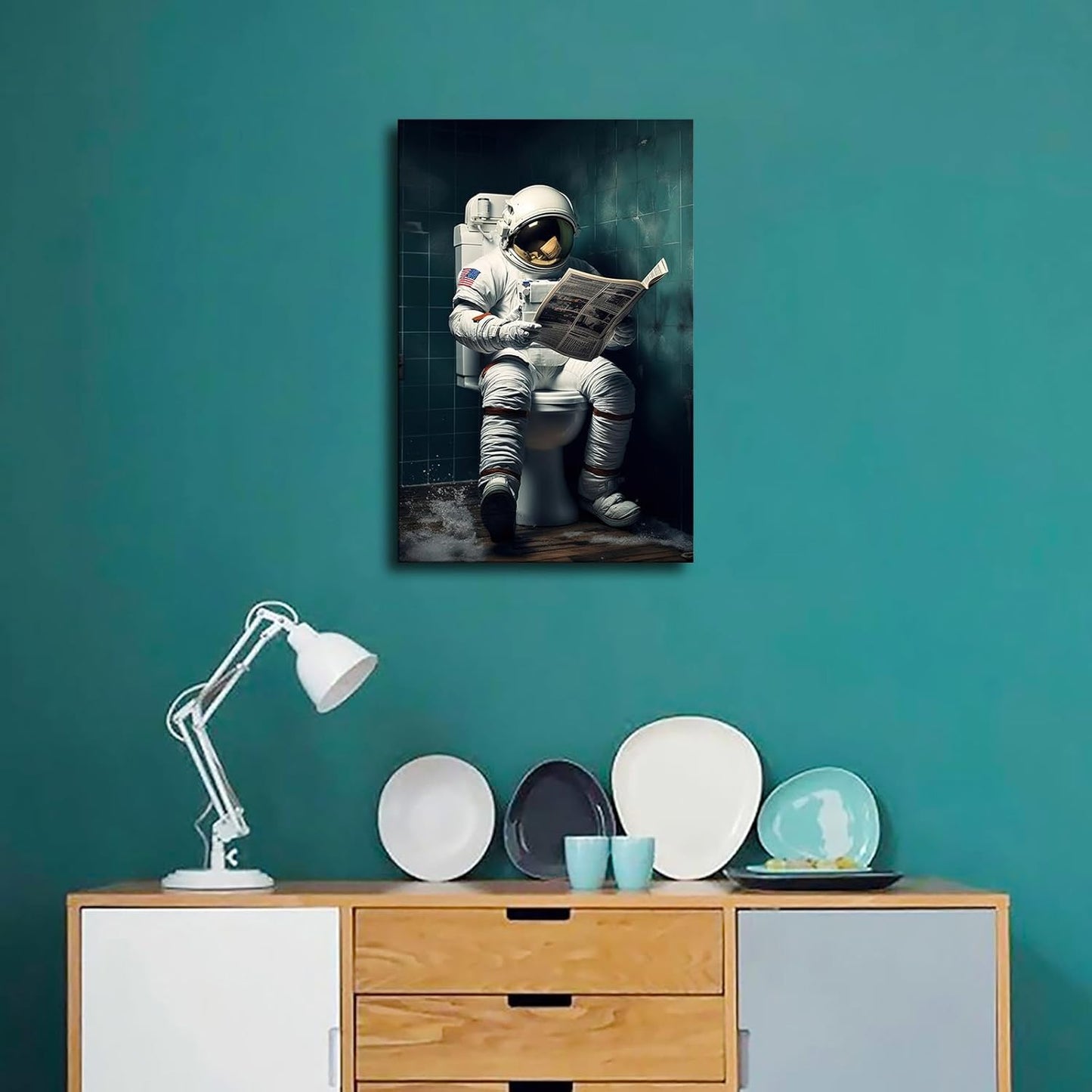 NikkOh Astronaut Reading Newspaper on Toilet Poster Canvas Painting Wall Art Hanging Picture Gift Bedroom Home Aesthetic Decoration (Framed,12×18inch)