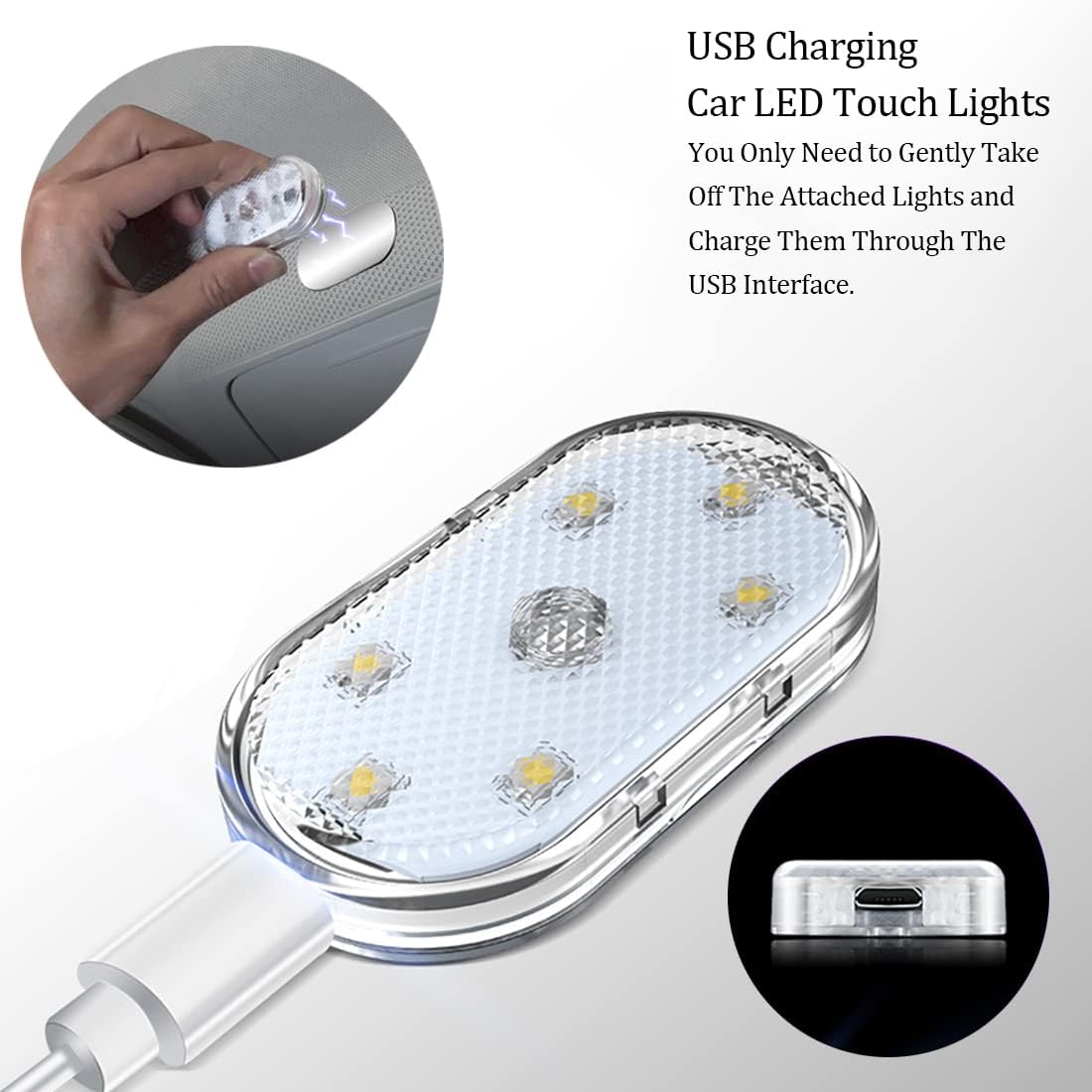 2 PCS Car Led Lights Interior,White Ambient Lighting Car Interior,USB Rechargeable Car Interior Reading Light,Portable Led Lights for Car