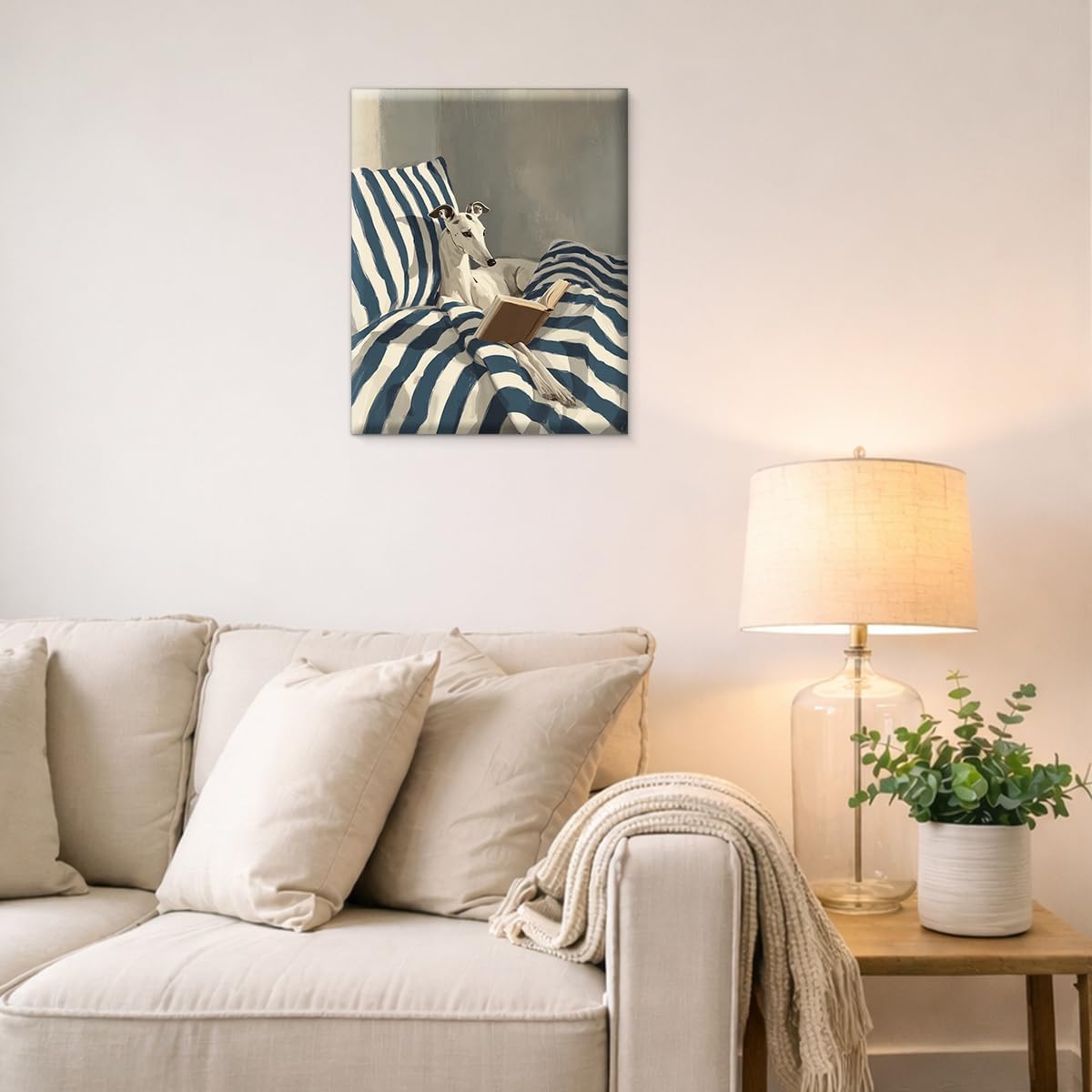 Funny Whippet Dog Reading Wall Art Cute White Dog in Bed Canvas Print Poster Minimalist Bookish Wall Decor for Bedroom Reading Nook 8x10 Inch Framed