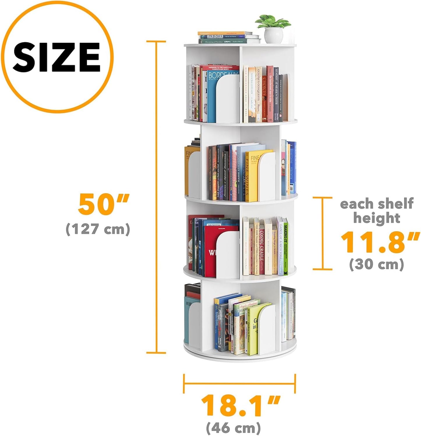 SpaceAid Cross Style 4 Tier Rotating Bookshelf, Spinning 360 Bookcase Lazy Susan Tower, Vertical Revolving Books Shelf Storage Round Carousel Space Saving Organizer, White