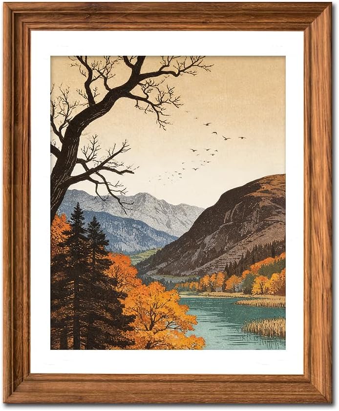 heshengzaixian Autumn Mountain Lake Landscape Prints, Vintage Japanese Woodblock Style Wall Art Poster, Nature Forest Scene Decor Canvas Artwork for Home Office, Nature Lover Gift,8x10 In Unframed