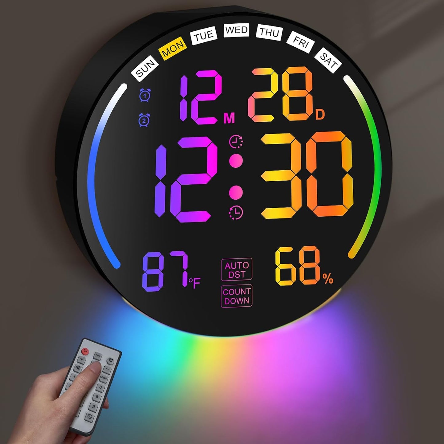 Large Digital Wall Clock with 10.3" LED Display,Alarm,Countdown Timer,DST,Temperature,Humidity,Auto-Dimming,Remote Control,Night Light for Classroom,Bedroom,Living Room,Office,Gym