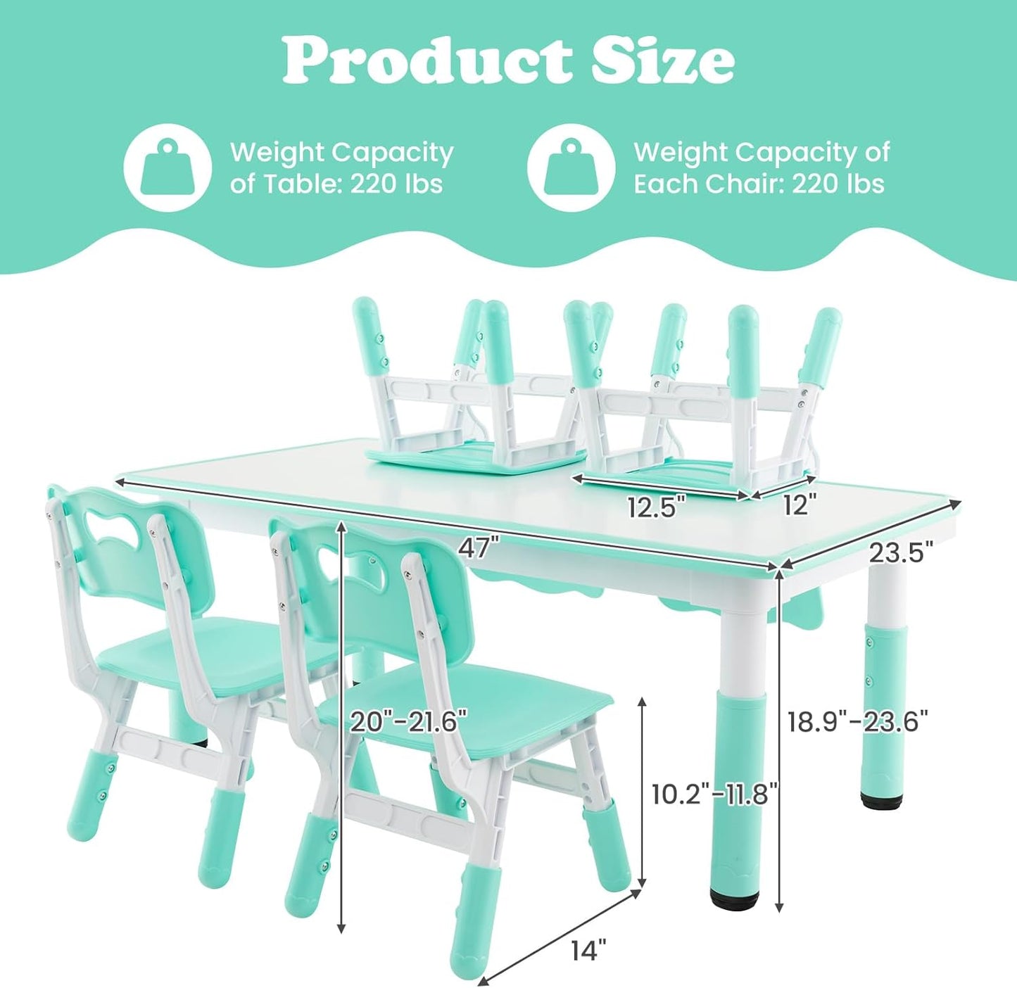 INFANS Kids Table and Chiar Set, Height Adjustable Toddler Desk and 4 Chairs with Graffiti Desktop Non-Slip Legs, Large 47" L x 23.5" W Multi-Activity Art Table for Daycare Classroom Home (Green)