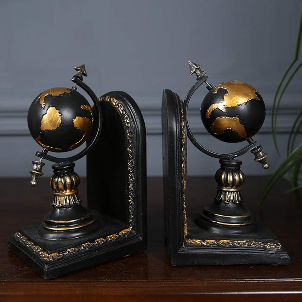 TimeStamp Decorative Bookends,Rustic Unique Globe Book Ends Stoppers Holder Nonskid for Home Shelves,Polyresin,4.5 x 5 x 8 Inches,(Set of 2)